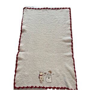 Disney Classic Winnie the Pooh Chenille Baby Blanket Snowman White Red Trim